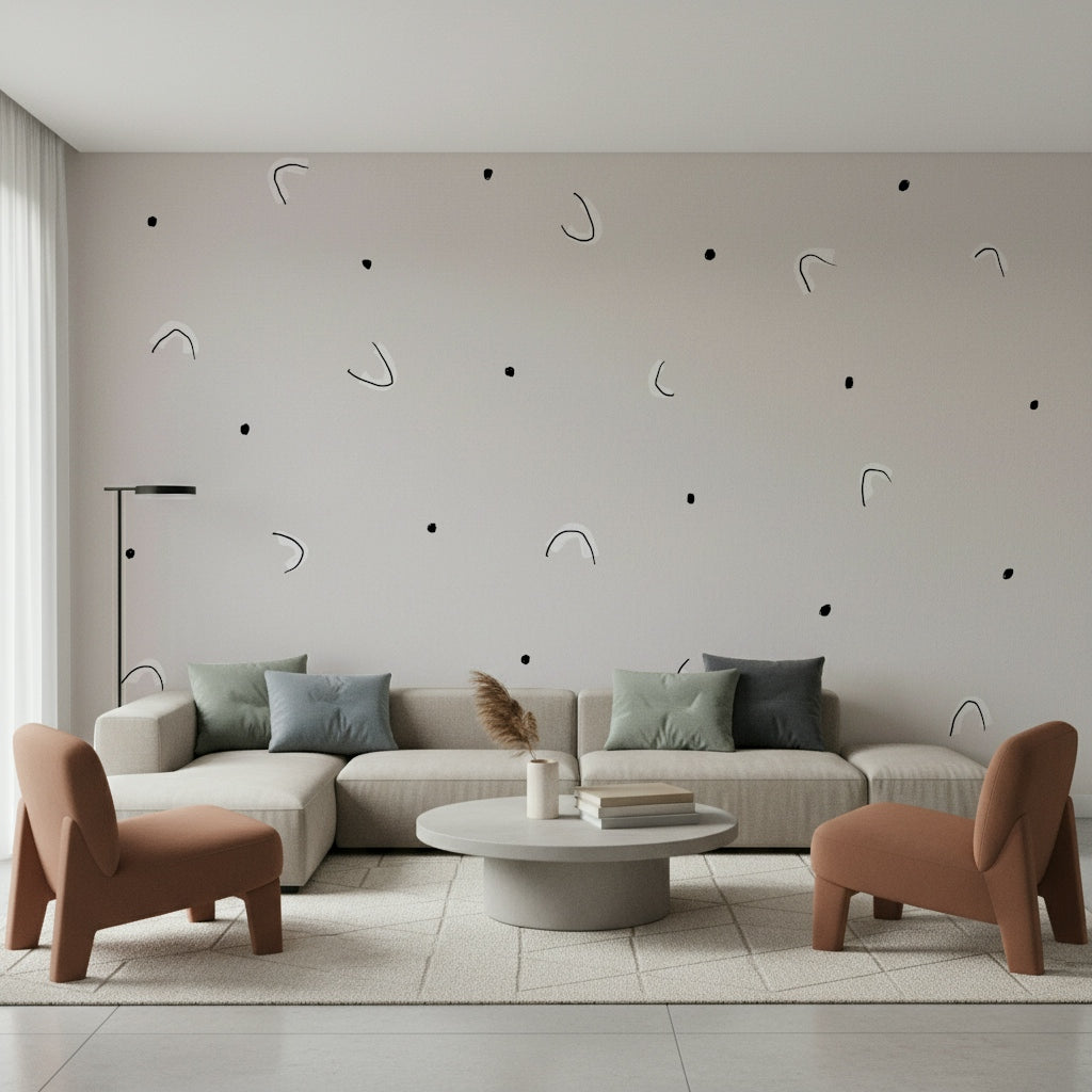 A peaceful modern abstract mural on decorative wallpaper.
