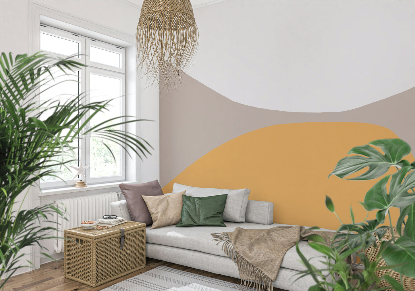 A graceful subtle curve wall mural in contrasting cool and warm tones.