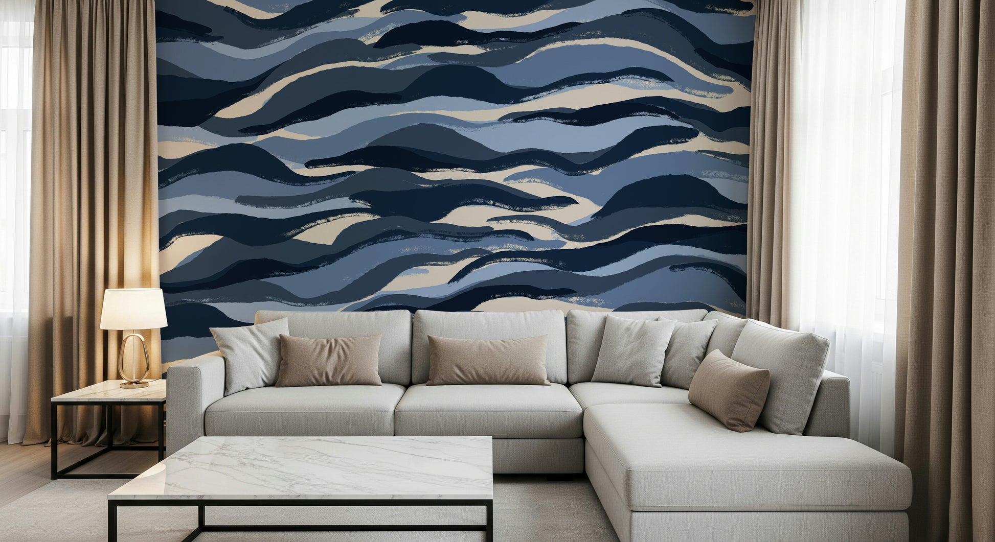 A contemplative gentle wave wallpaper mural for a feature wall.