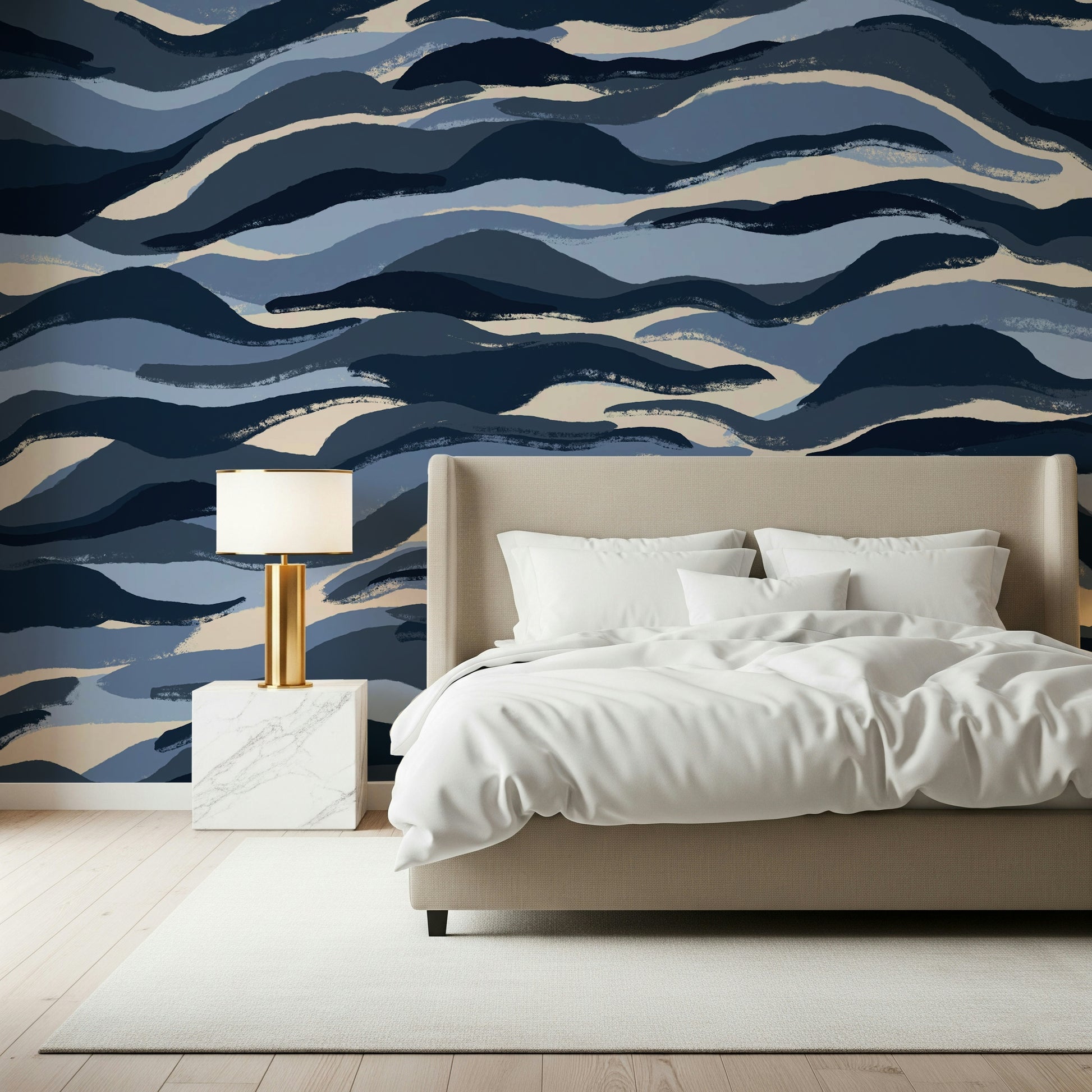 An artistic fluid pattern mural on minimalist wallpaper.