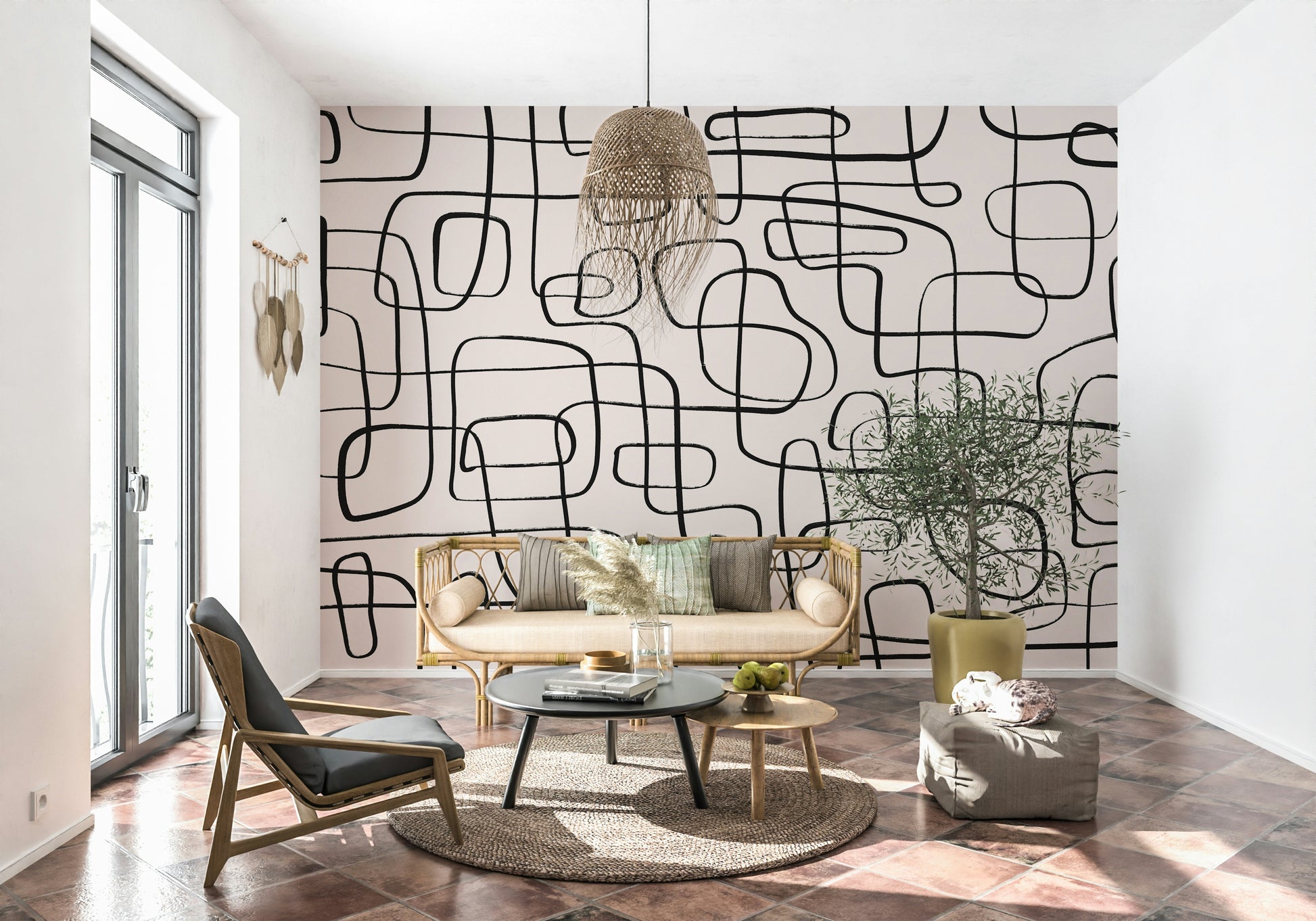 A calming abstract design wallpaper mural that defines a space.