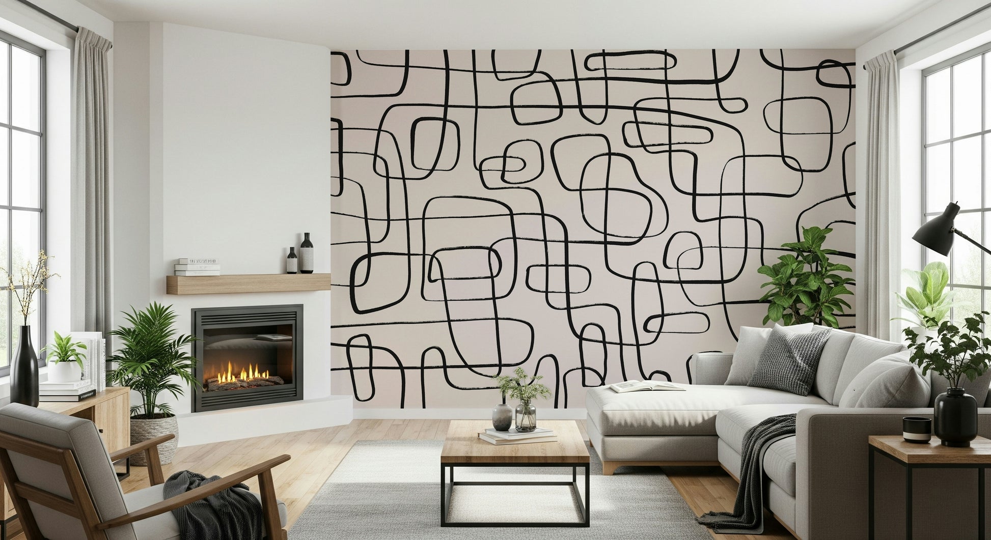 An artistic minimalist form mural for home decor.