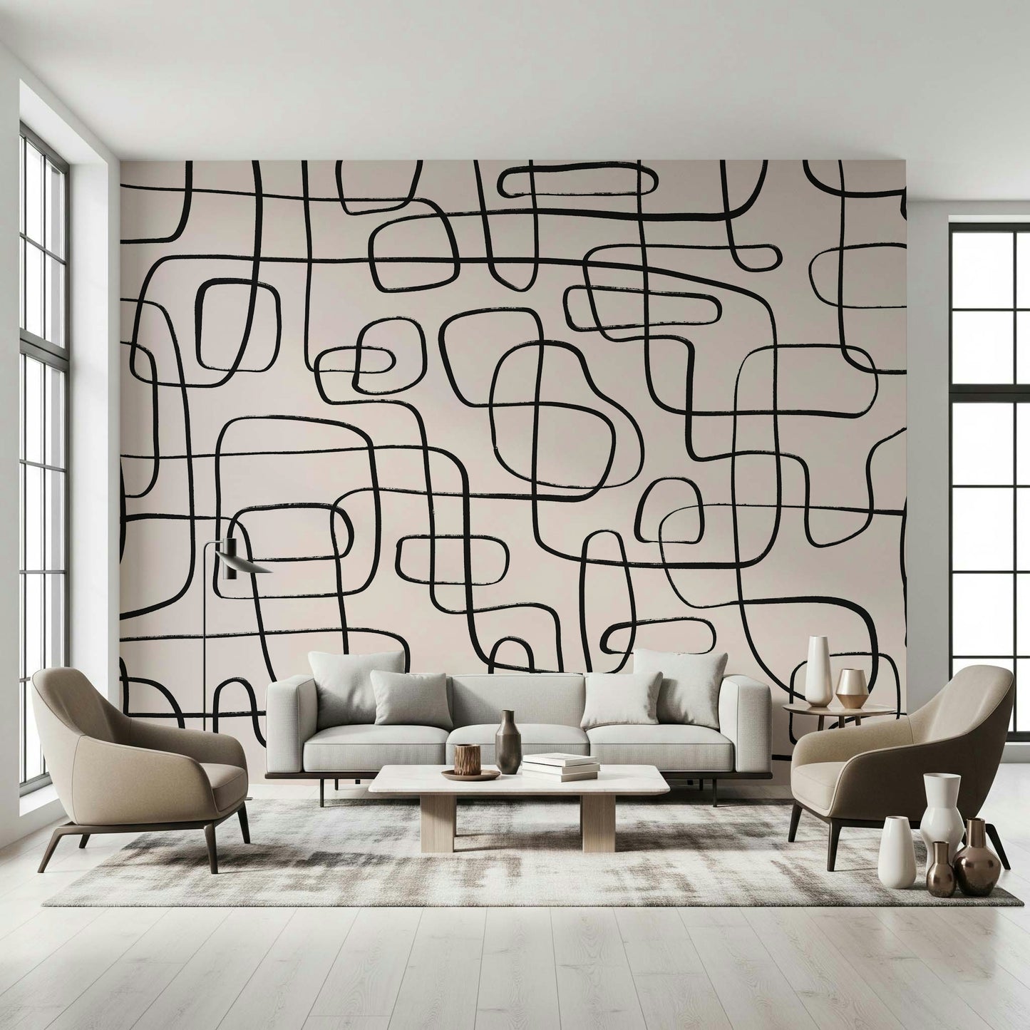 A beautiful abstract line art wallpaper mural with fluid, wandering lines.