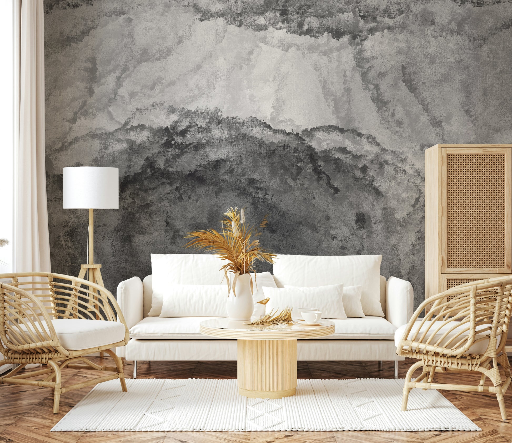 A graceful subtle pattern wall mural in cool, neutral tones.
