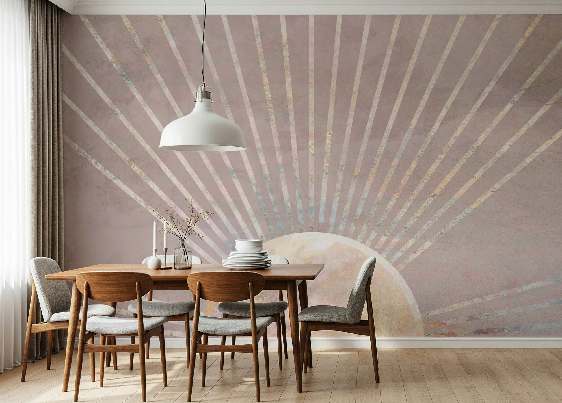 An artistic dreamy sky mural on minimalist wallpaper.