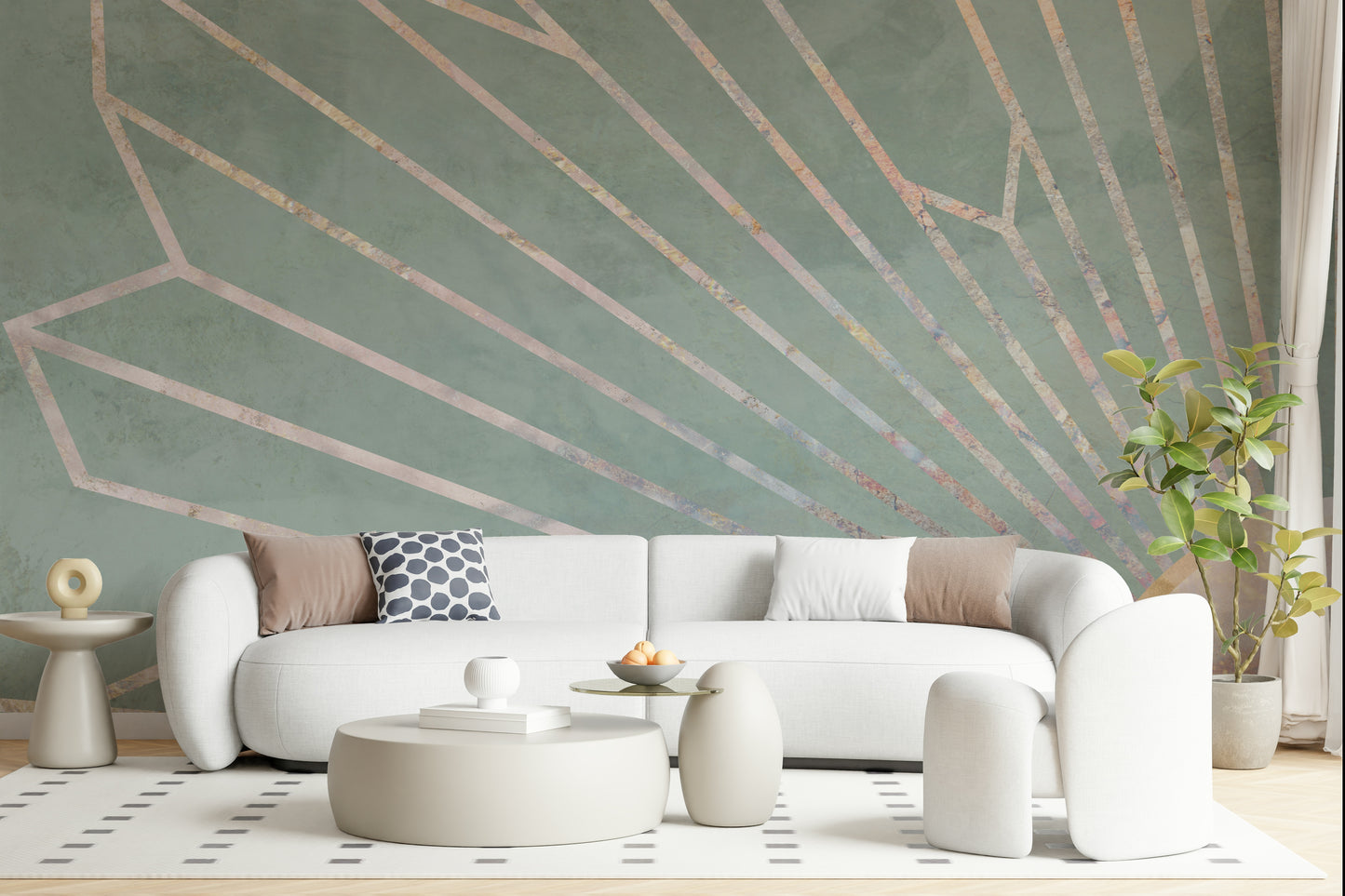 A graceful subtle shape wall mural in soft, warm tones.