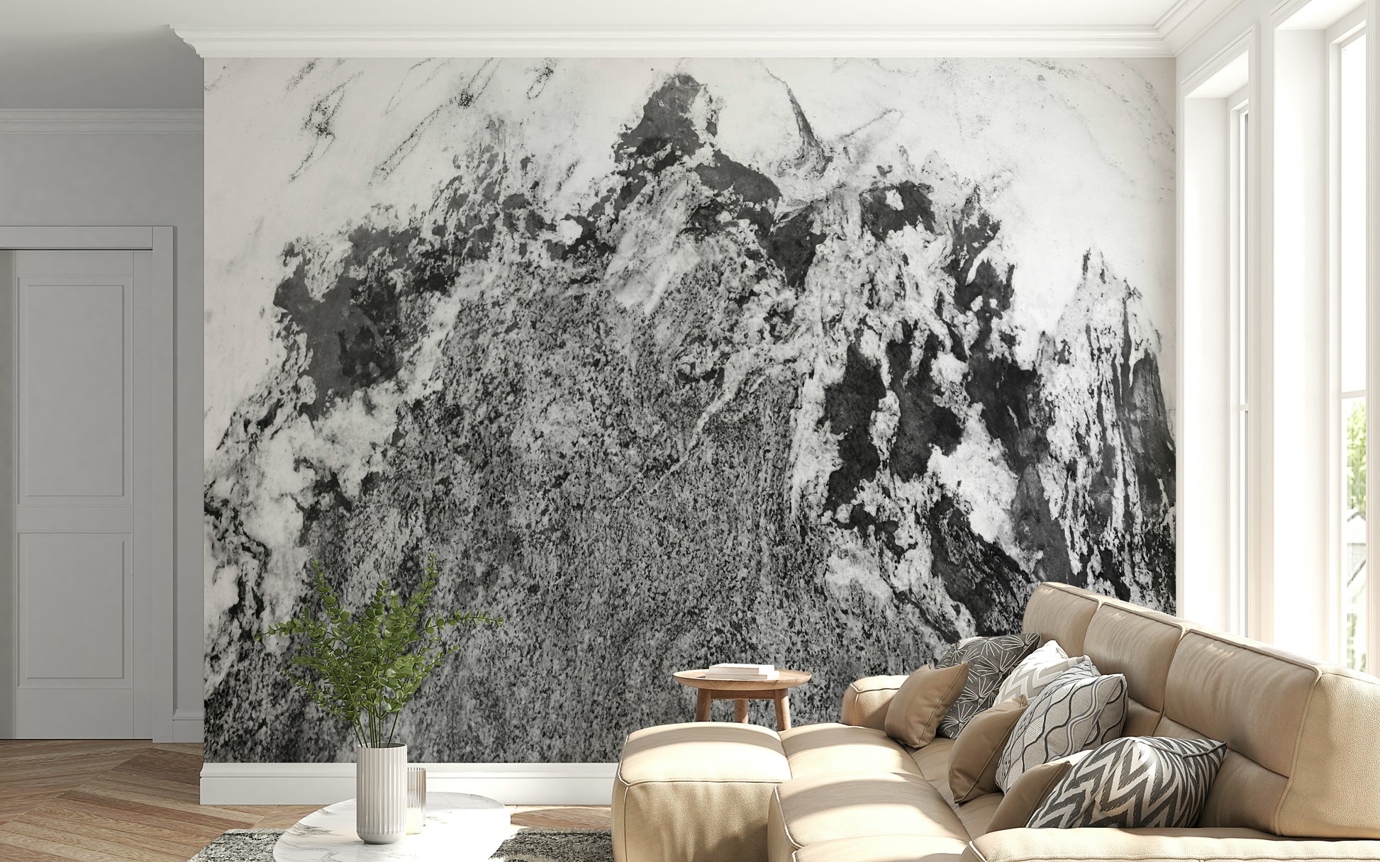 A contemplative subtle pattern wallpaper mural for a feature wall.