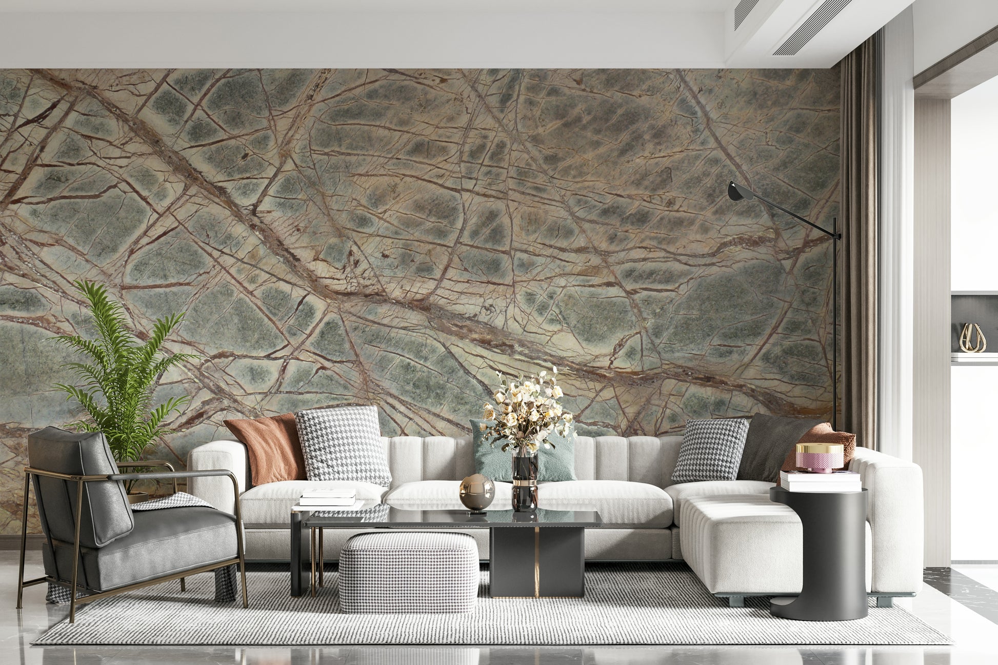 A calming abstract design wallpaper mural that defines a space.