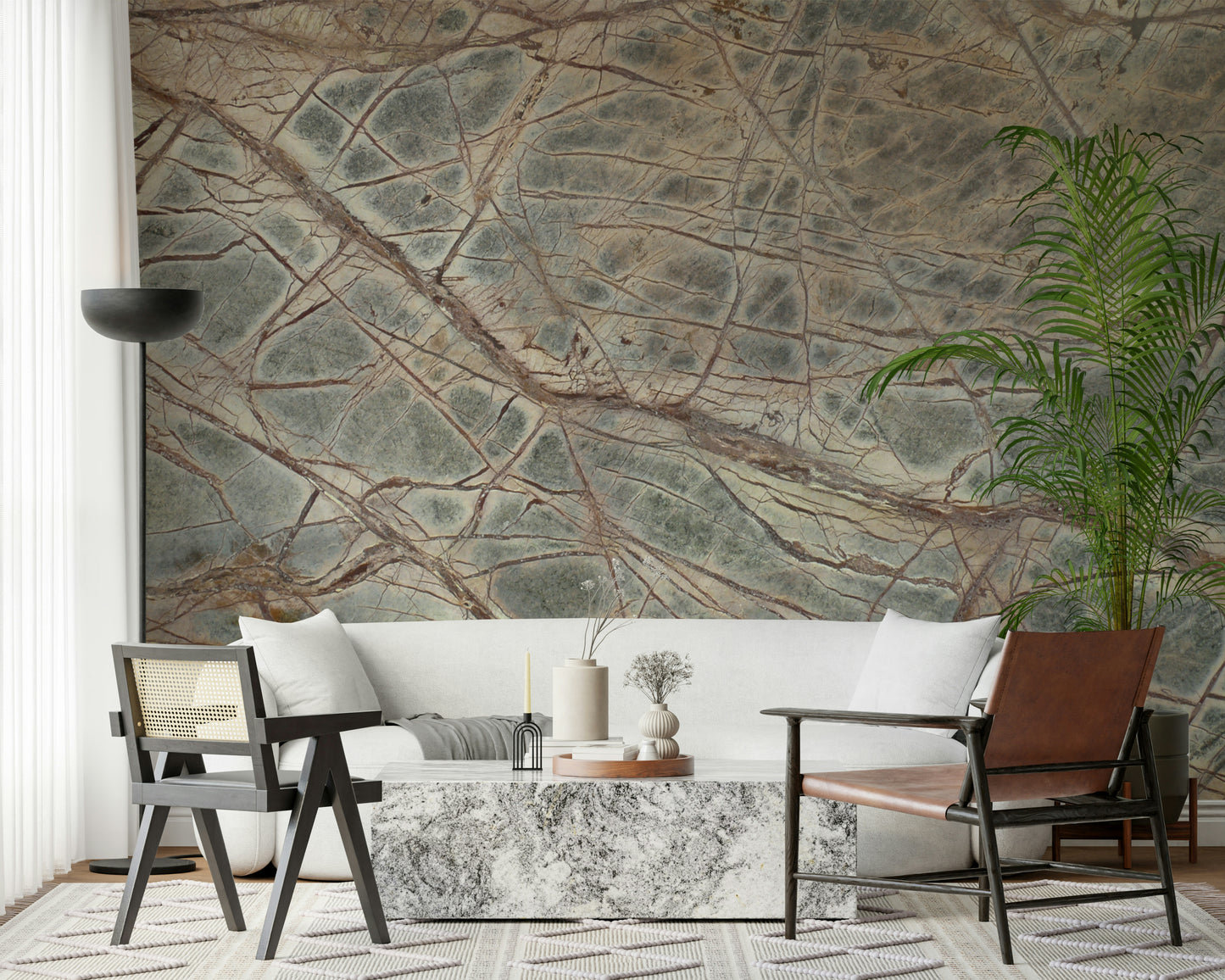 A contemplative dark green marble wallpaper mural for a feature wall.