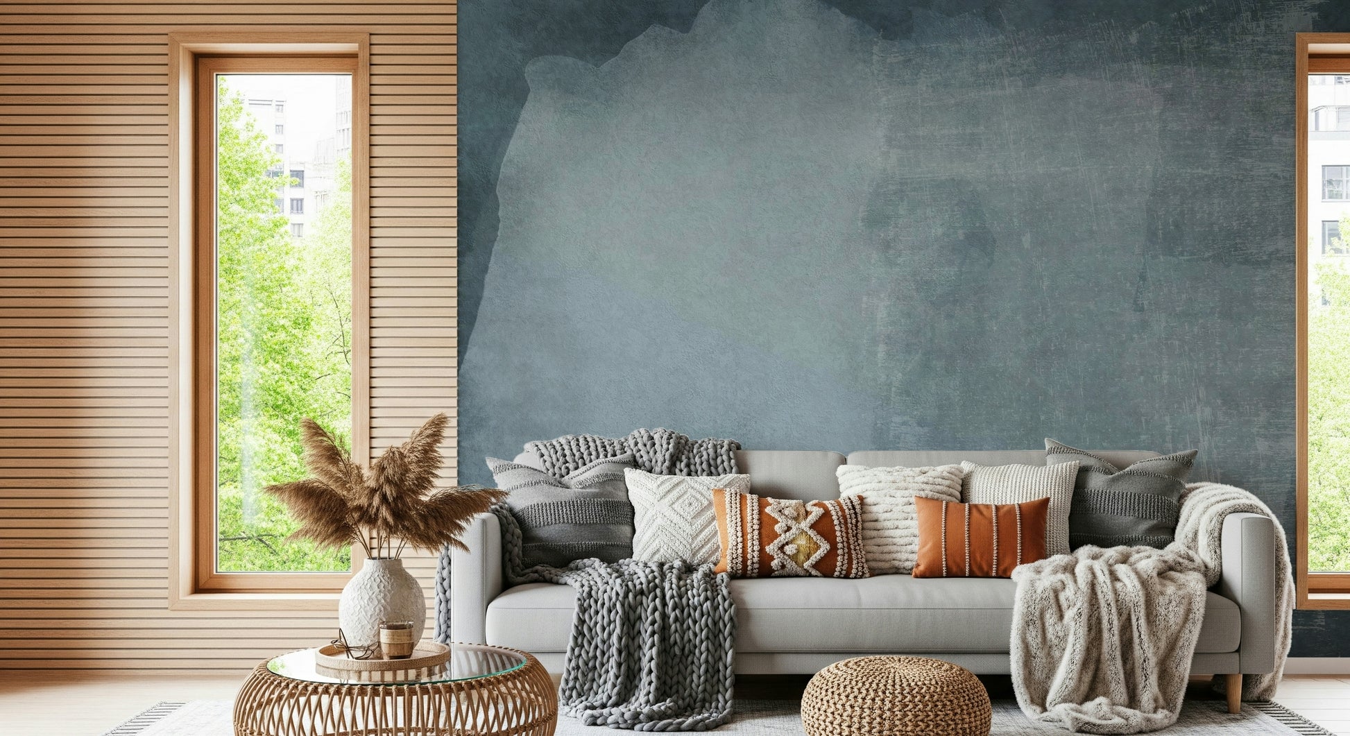 A peaceful modern abstract mural on decorative wallpaper.