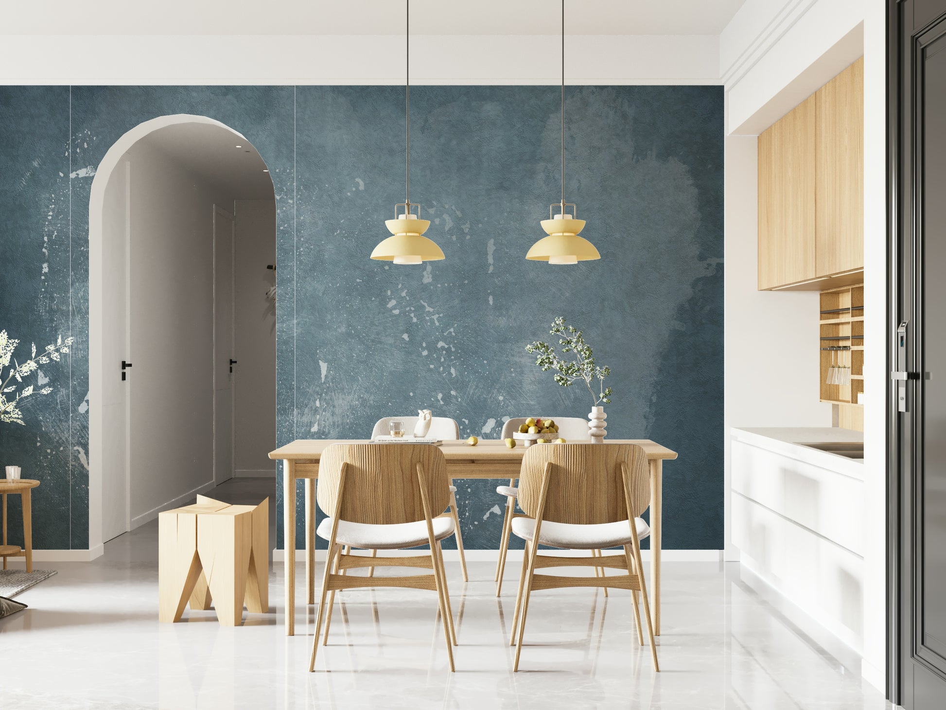 A graceful subtle pattern wall mural in cool, blue tones.