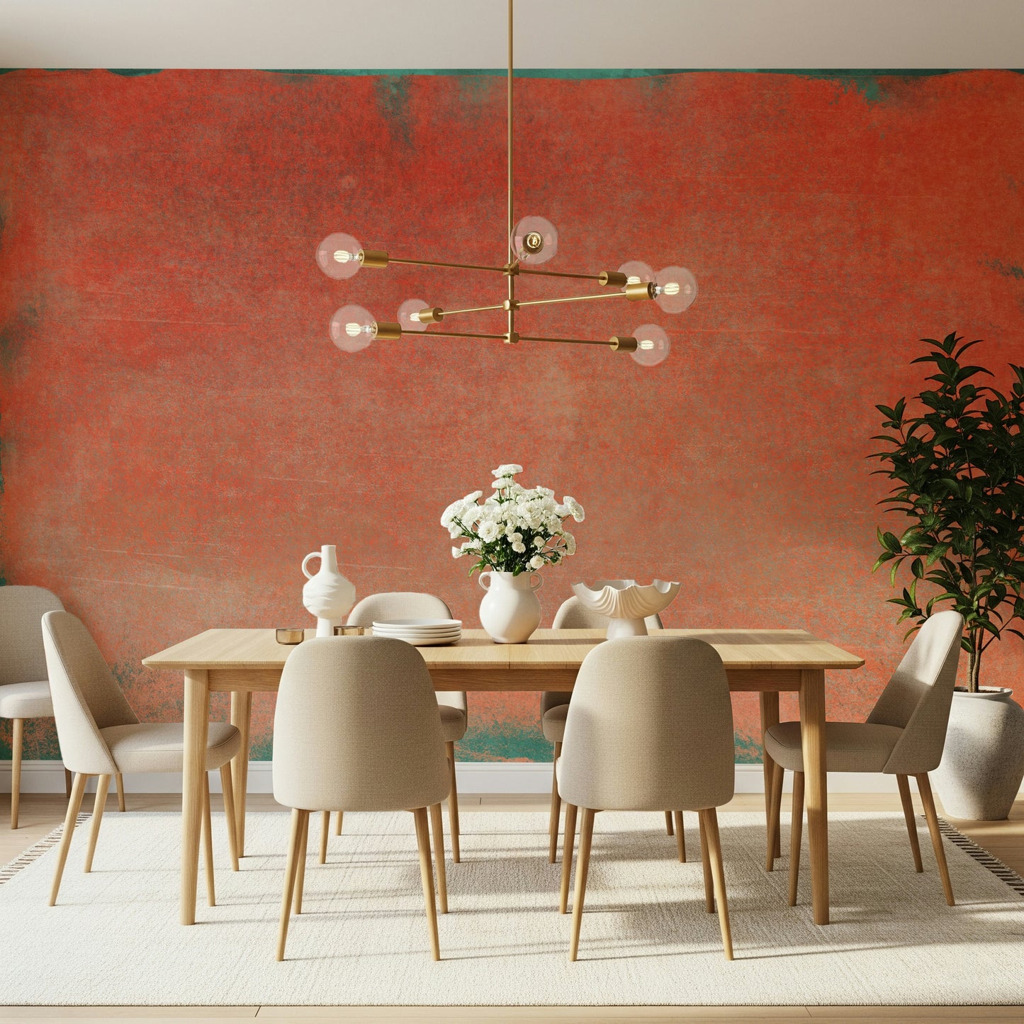 A peaceful geometric design mural on decorative wallpaper.