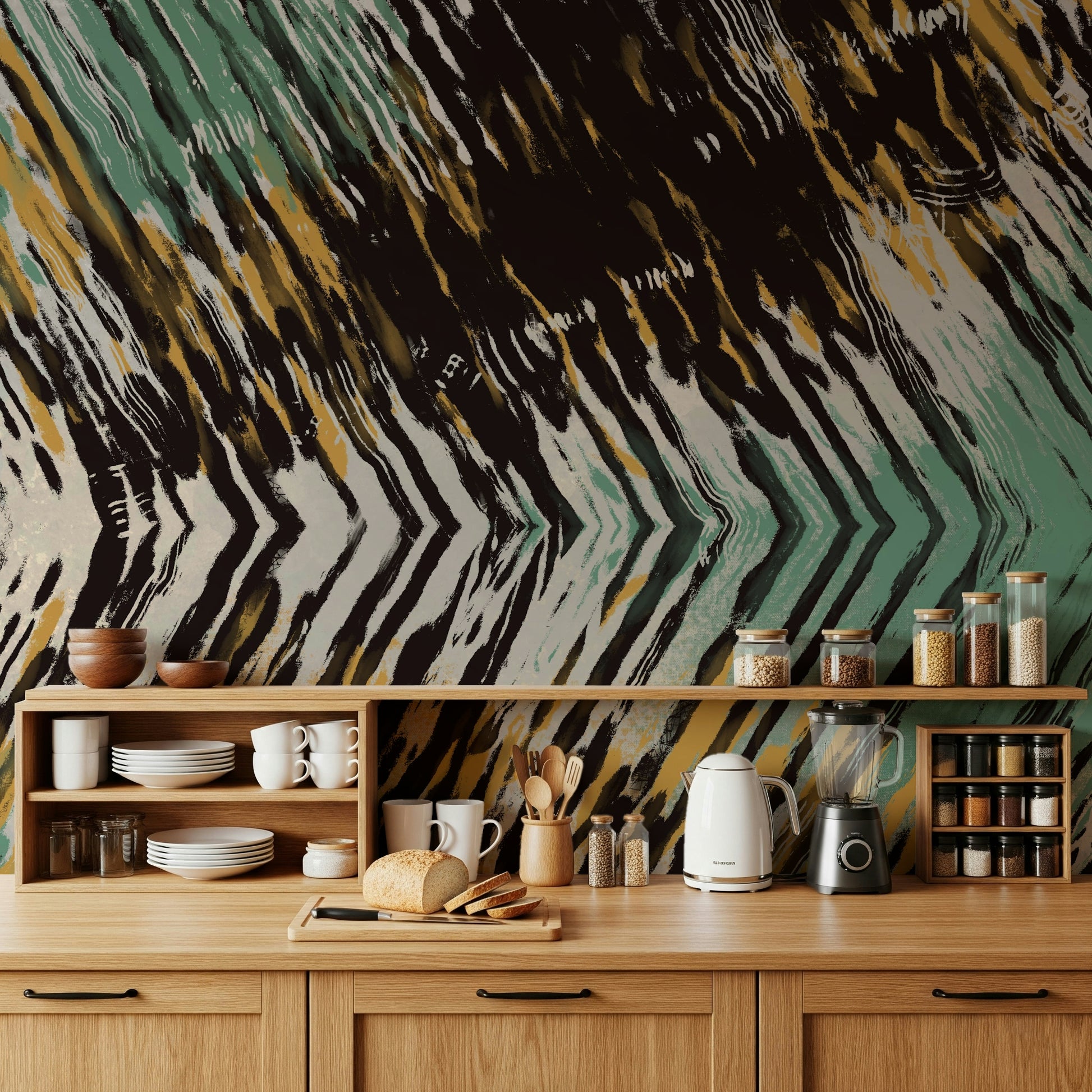 A calming abstract design wallpaper mural that defines a space.