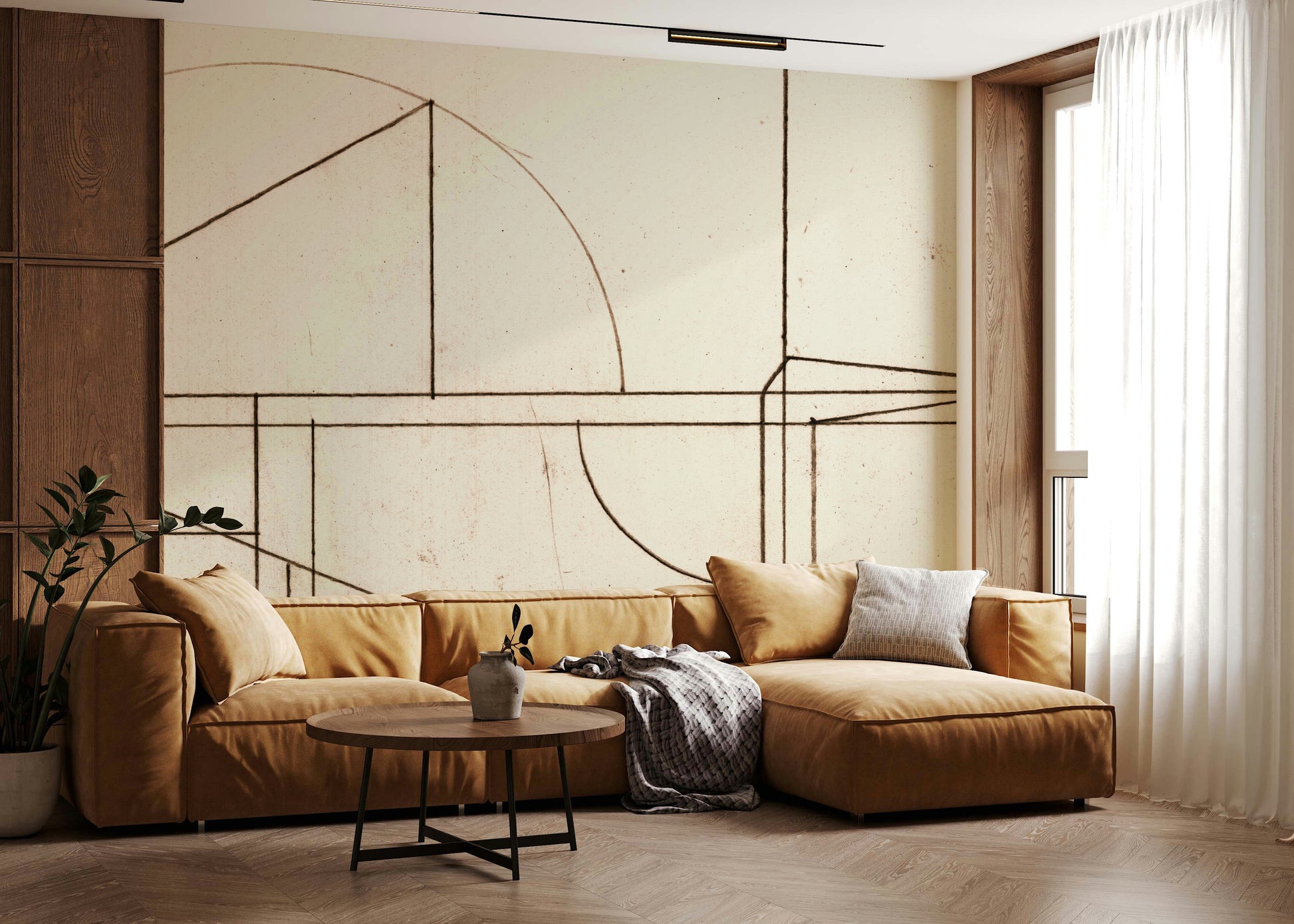 An artistic abstract line art mural on minimalist wallpaper.
