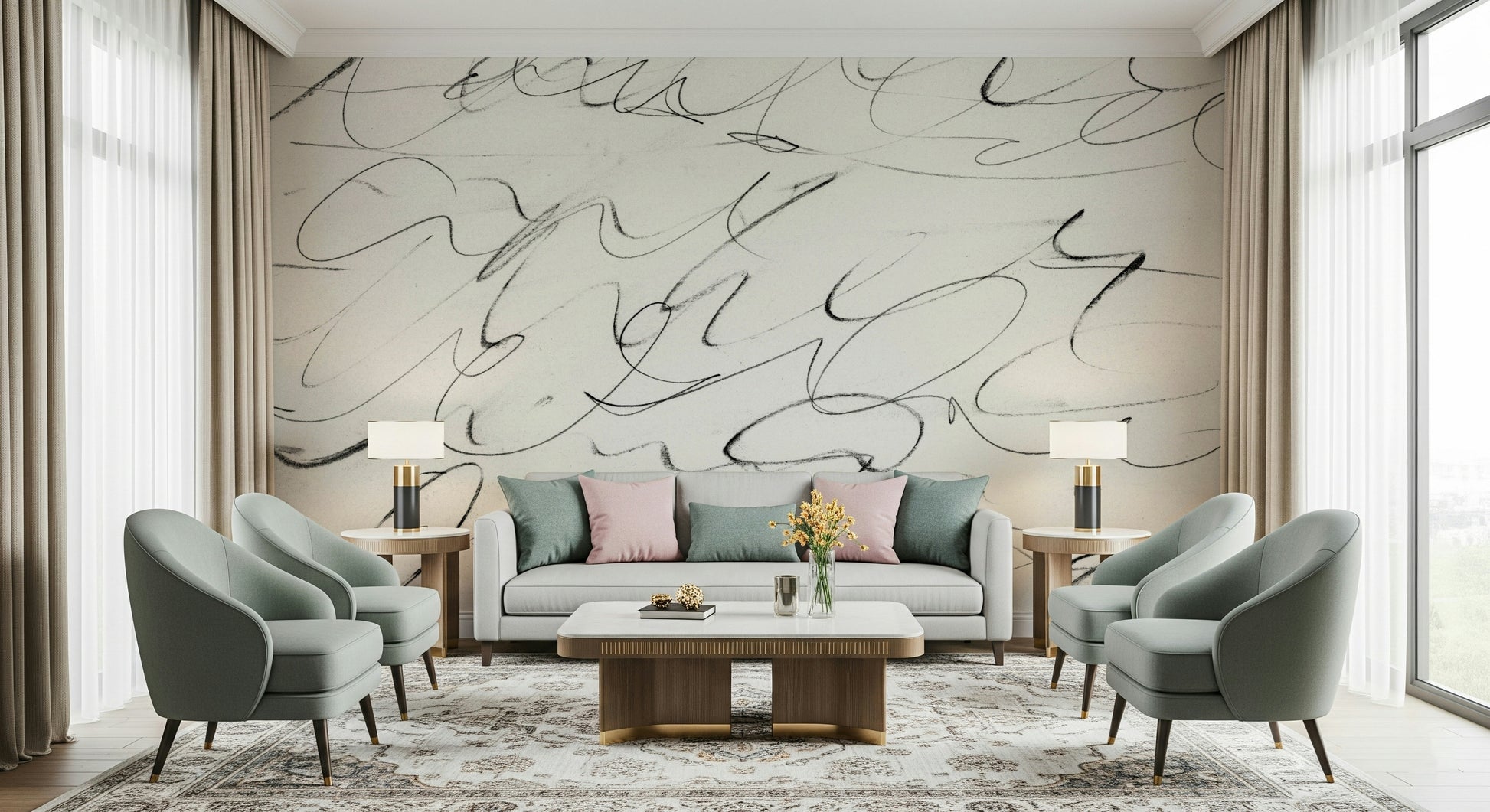 An artistic soft focus mural on minimalist wallpaper.