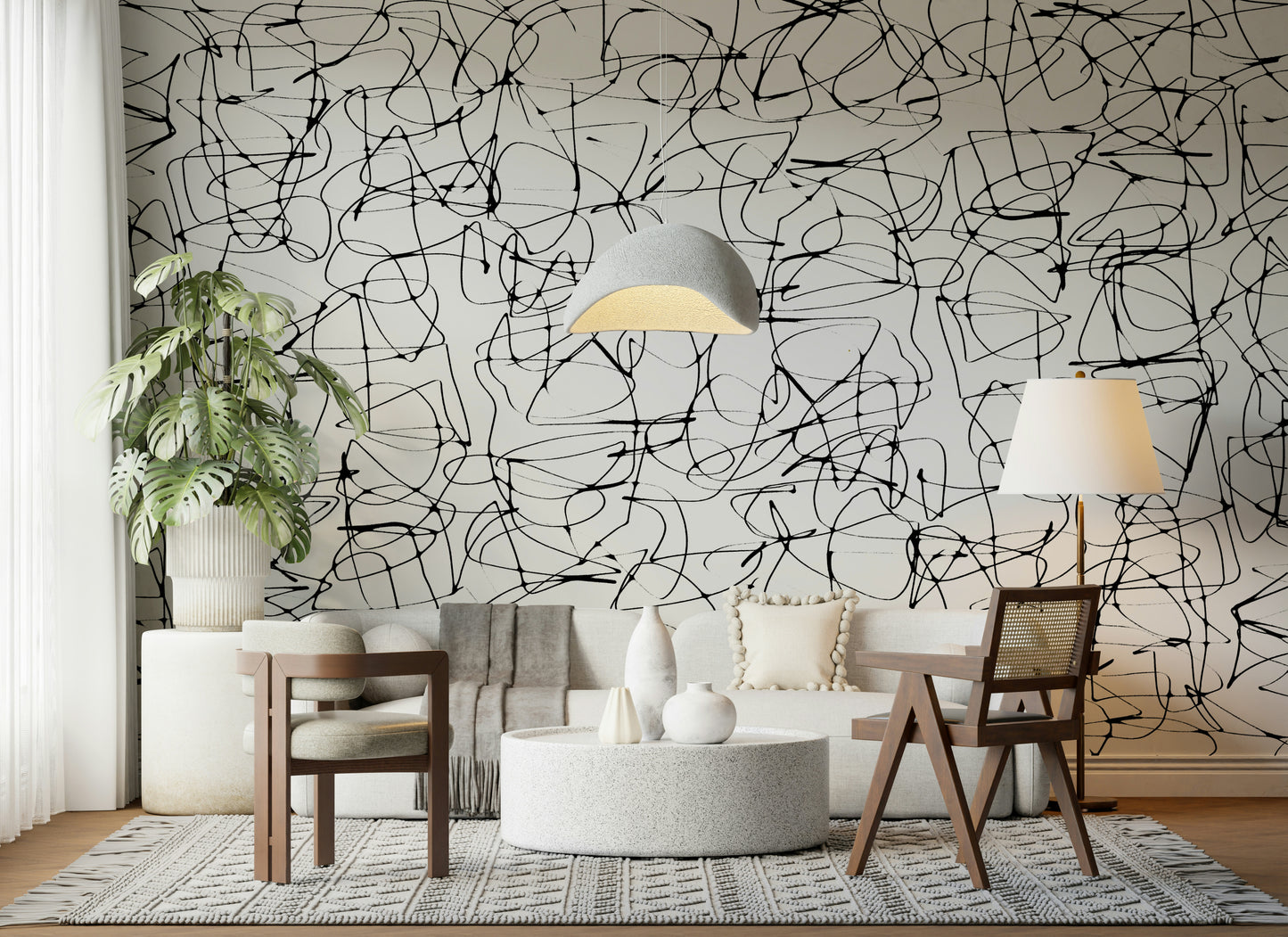 A beautiful modern art wall mural of delicate lines.