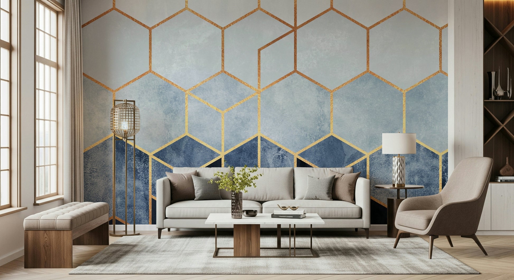 A peaceful geometric design mural on decorative wallpaper.