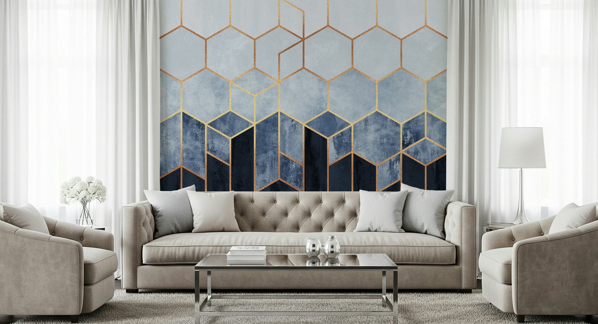 A beautiful gilded hexagon wallpaper mural for a modern home.