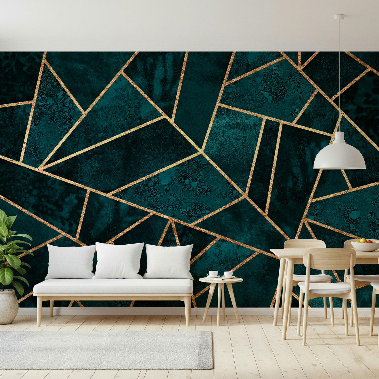 A beautiful emerald and gold geometric wallpaper mural for a modern home.