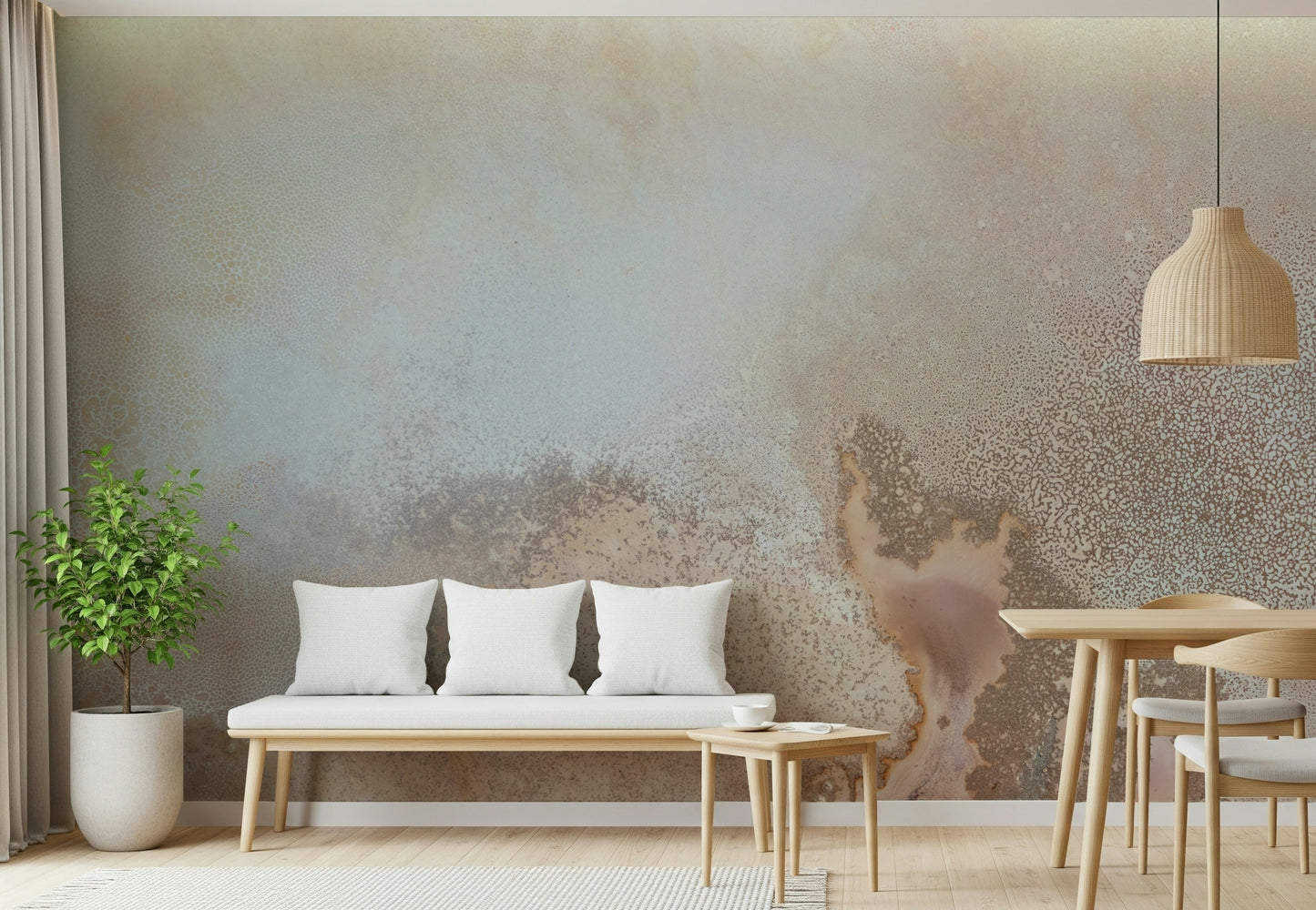 A graceful modern abstract wall mural in warm, natural tones.