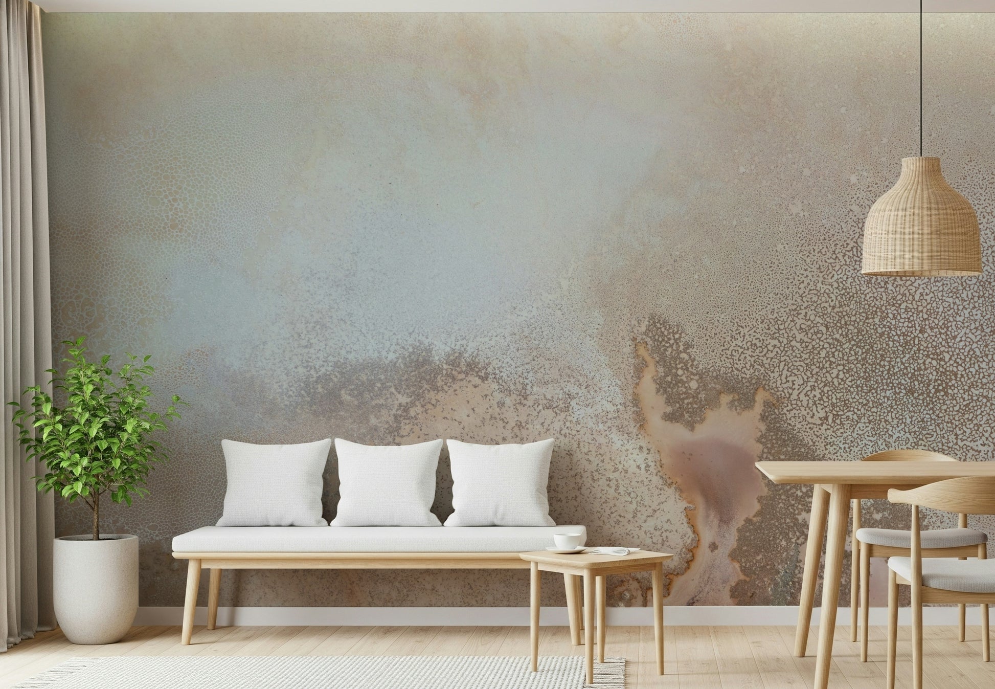 A graceful modern abstract wall mural in warm, natural tones.