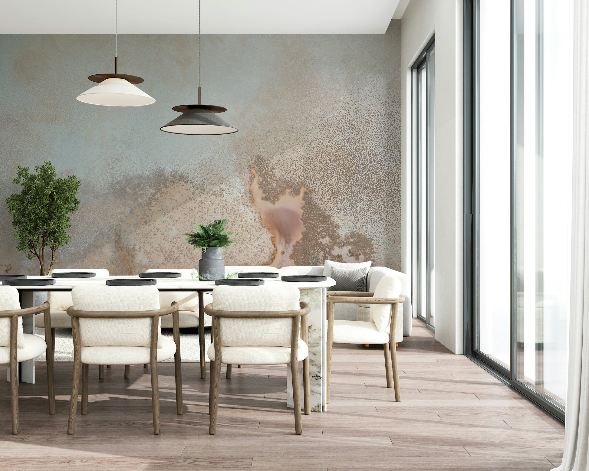 A calming modern design wallpaper mural that defines a space.