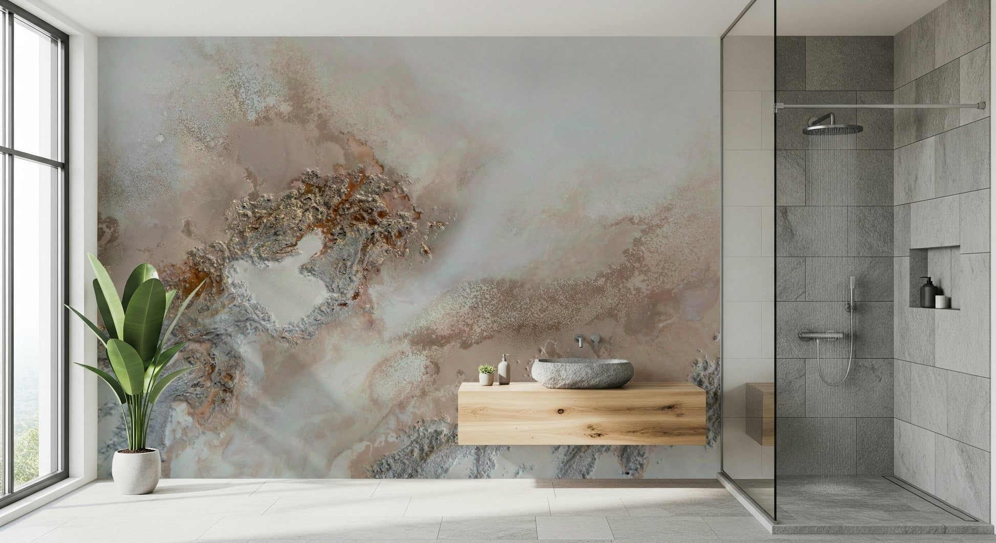 A graceful subtle pattern wall mural in cool, neutral tones.