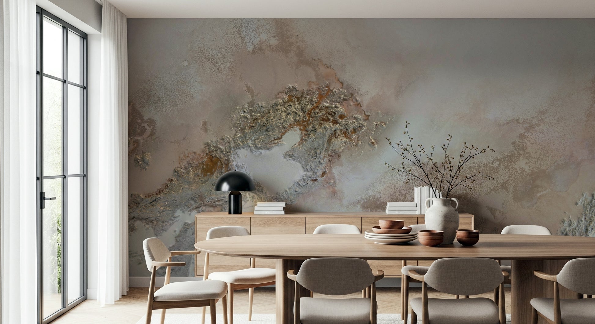 A peaceful modern abstract mural on decorative wallpaper.