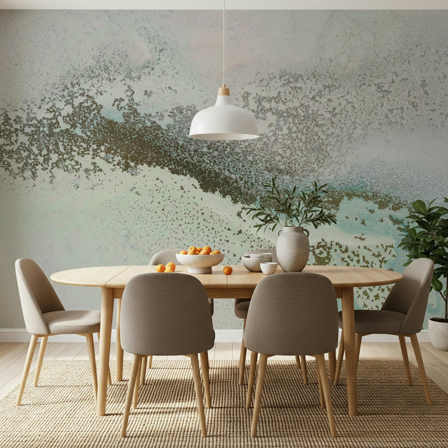 A calming abstract design wallpaper mural that defines a space.