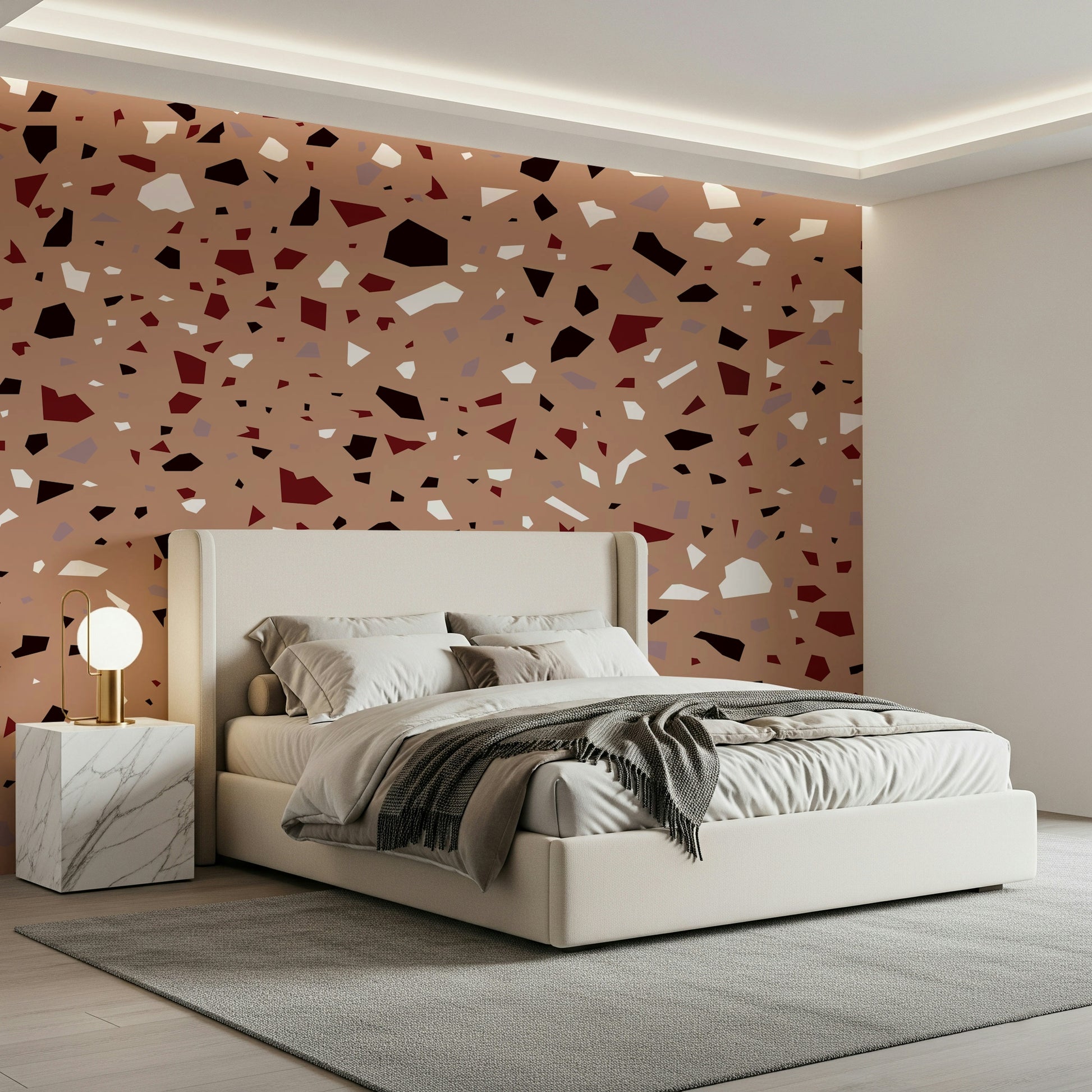 A peaceful modern abstract mural on decorative wallpaper.