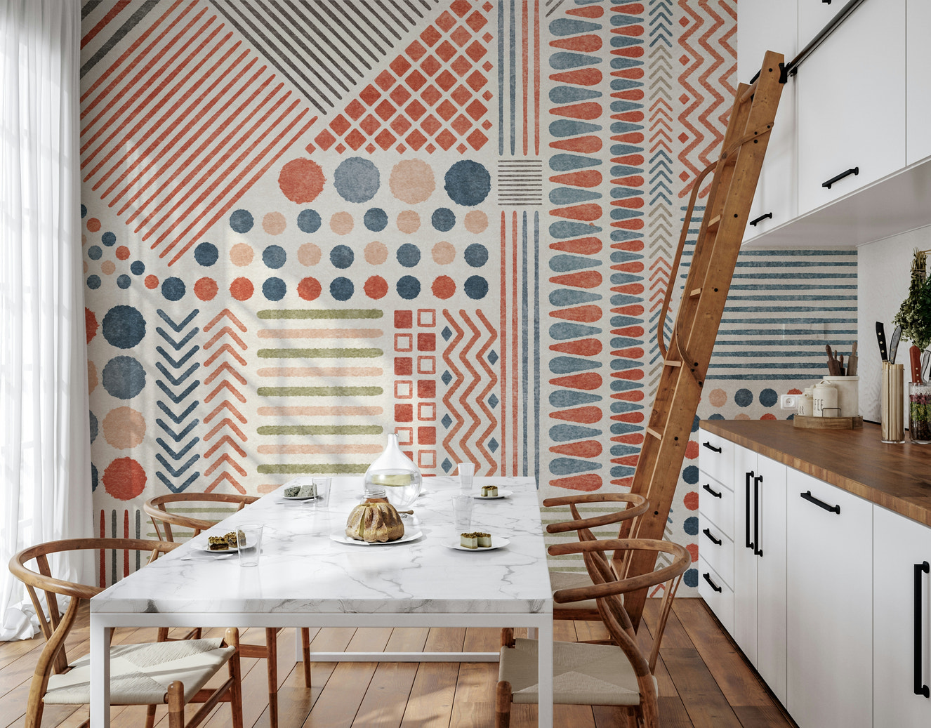 A beautiful abstract geometric wallpaper mural in boho and earth tones.