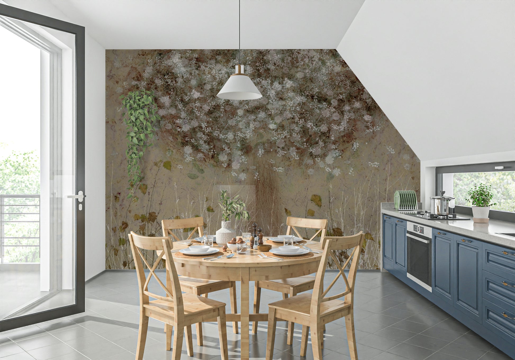 A graceful subtle flower wall mural in soft, elegant tones.