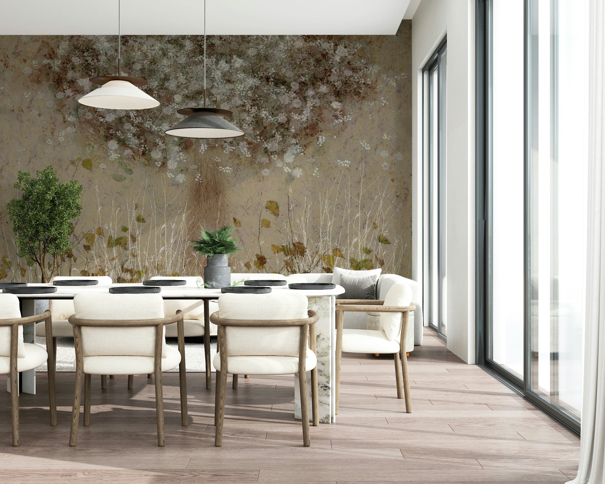 An artistic delicate bloom mural on minimalist wallpaper.