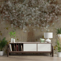 A peaceful flower design mural on decorative wallpaper.