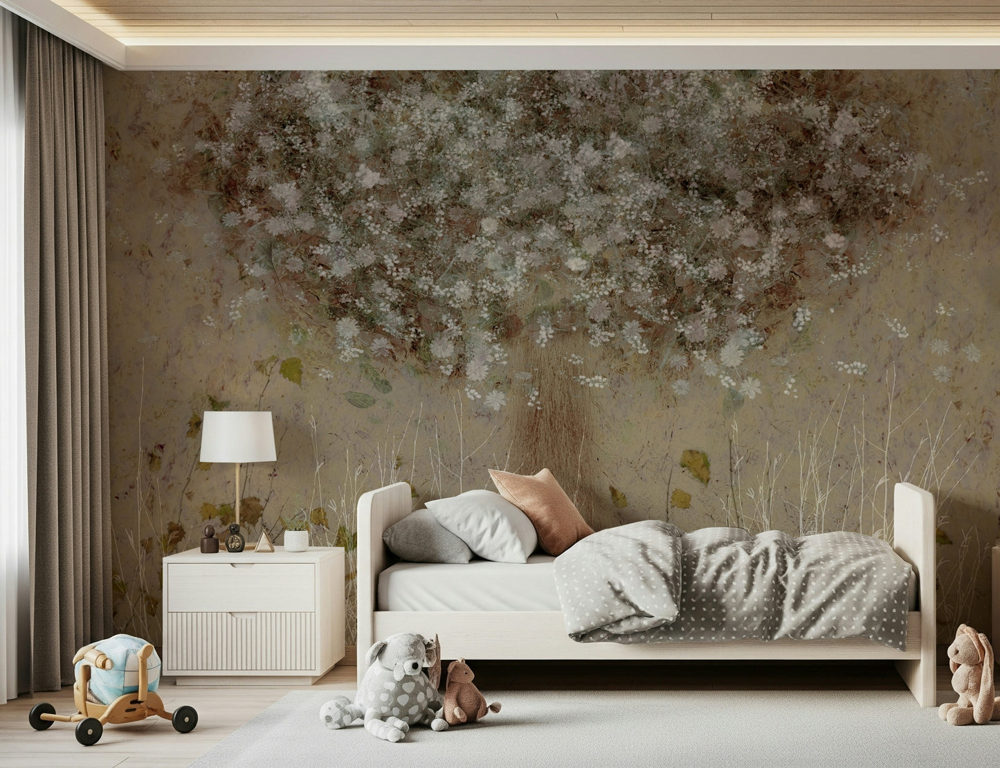 A calming floral design wallpaper mural that defines a space.