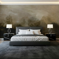 A beautiful serene forest wallpaper mural with subtle light and mist.