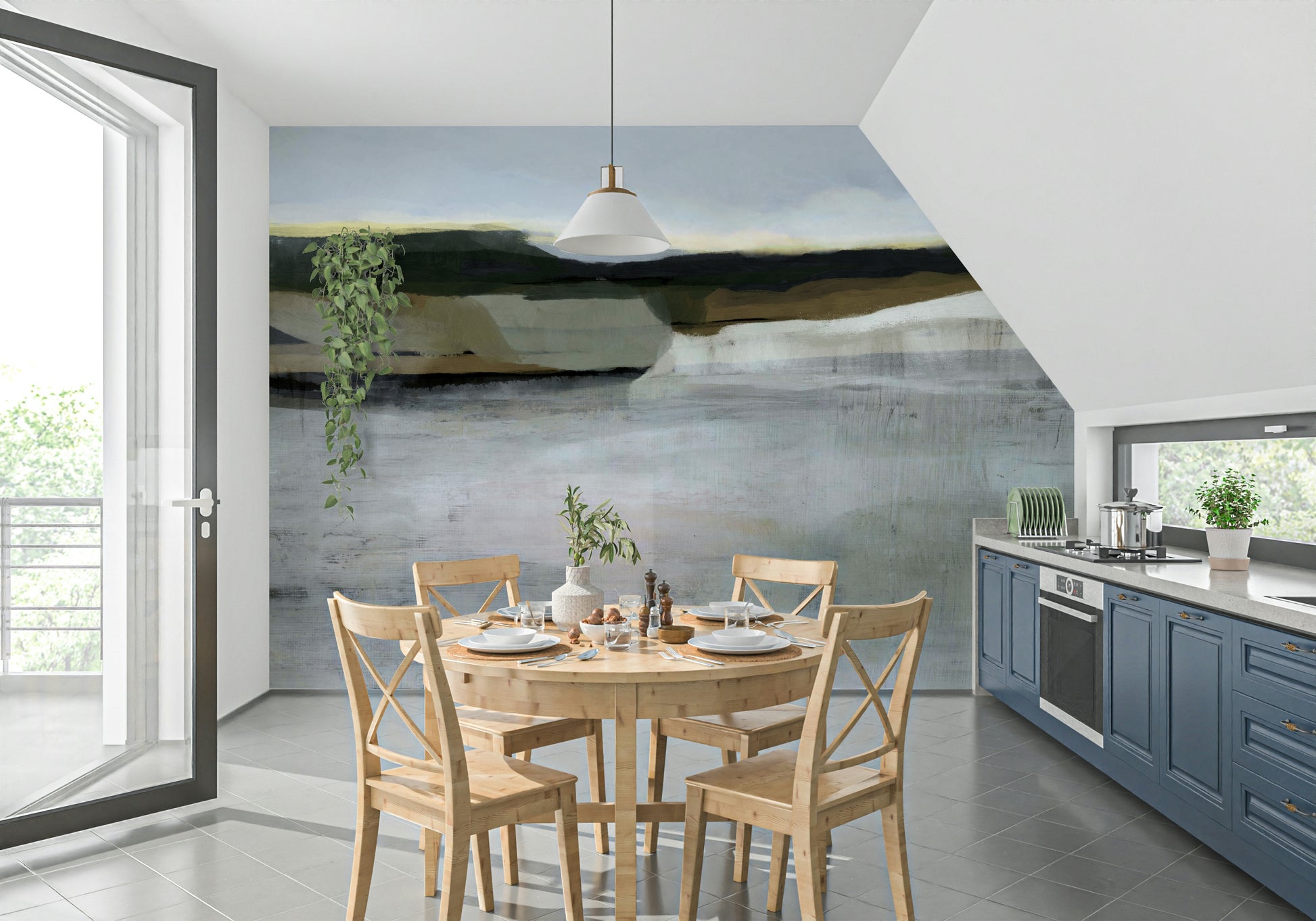 A graceful subtle pattern wall mural in cool, tranquil tones.