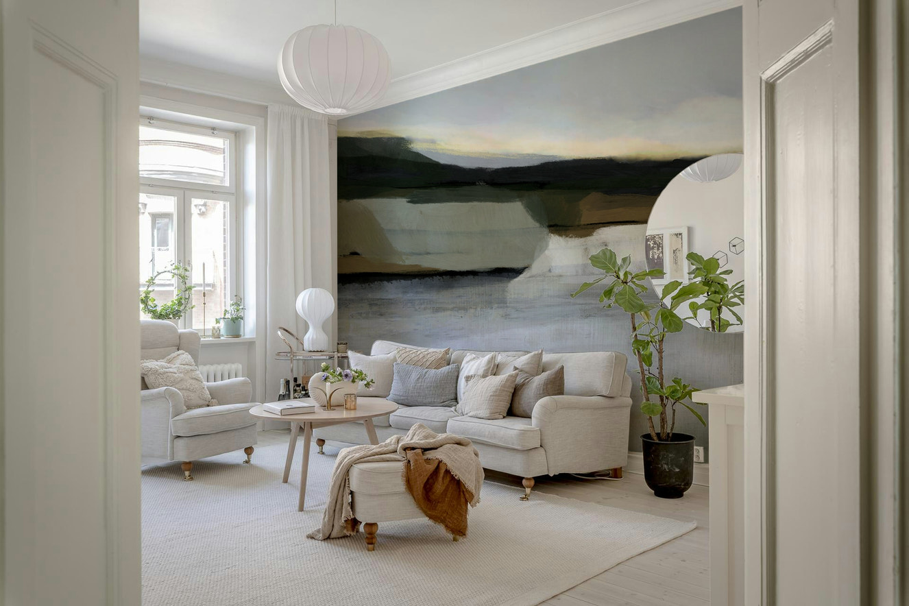 A beautiful subtle abstract wallpaper mural with a hazy horizon line.