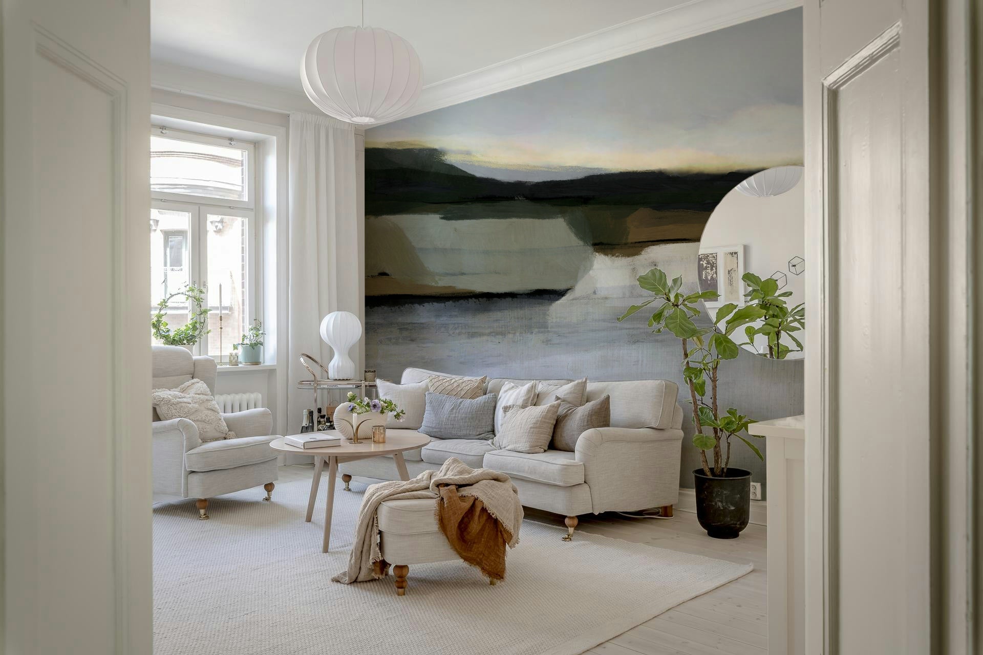 A beautiful subtle abstract wallpaper mural with a hazy horizon line.