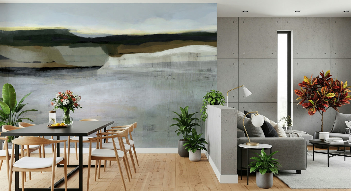 An artistic soft focus mural on minimalist wallpaper.