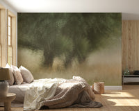 An artistic dreamy landscape mural on minimalist wallpaper.