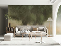 A beautiful serene forest wallpaper mural with subtle mist.