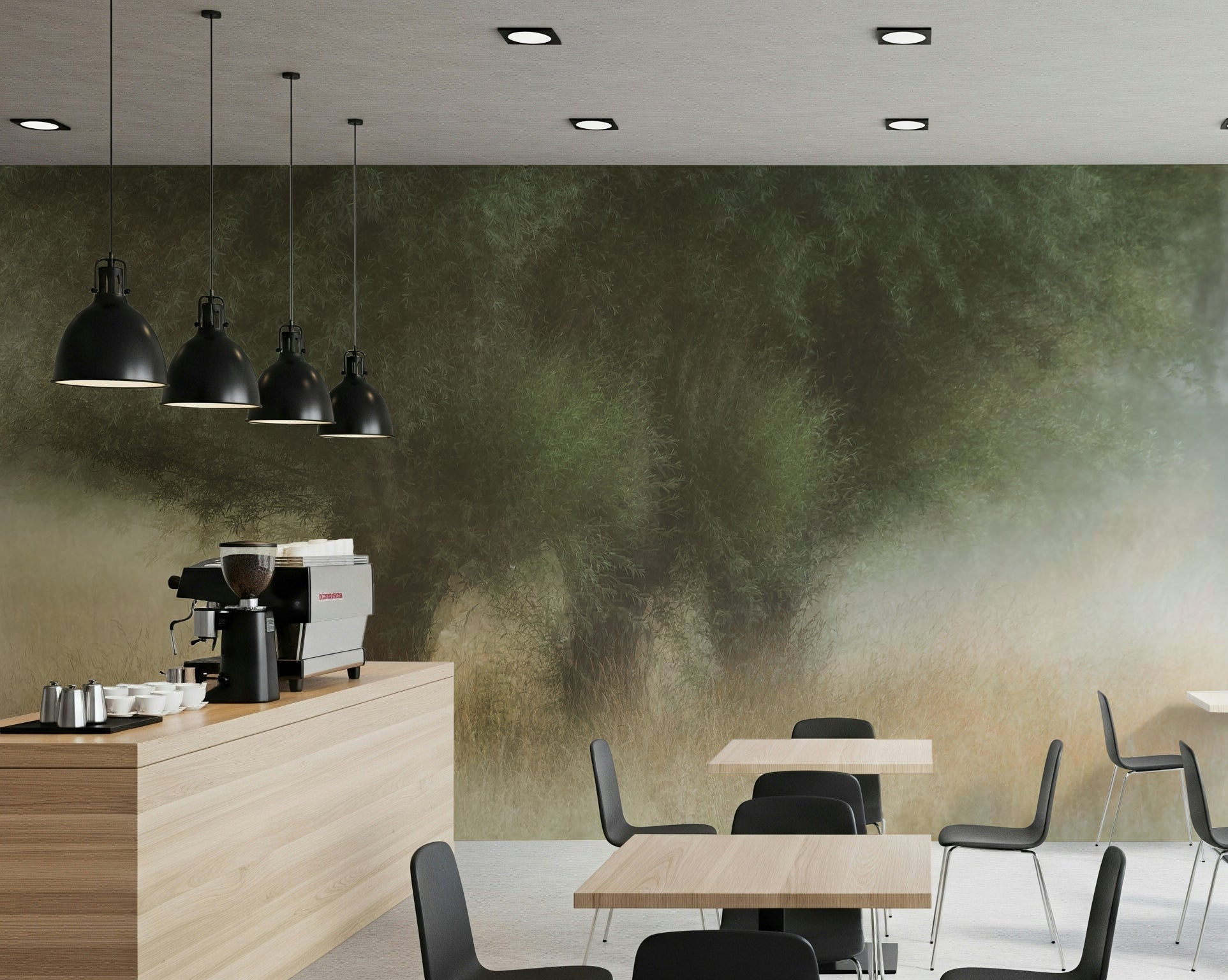 A graceful subtle mist wall mural in cool, natural tones.