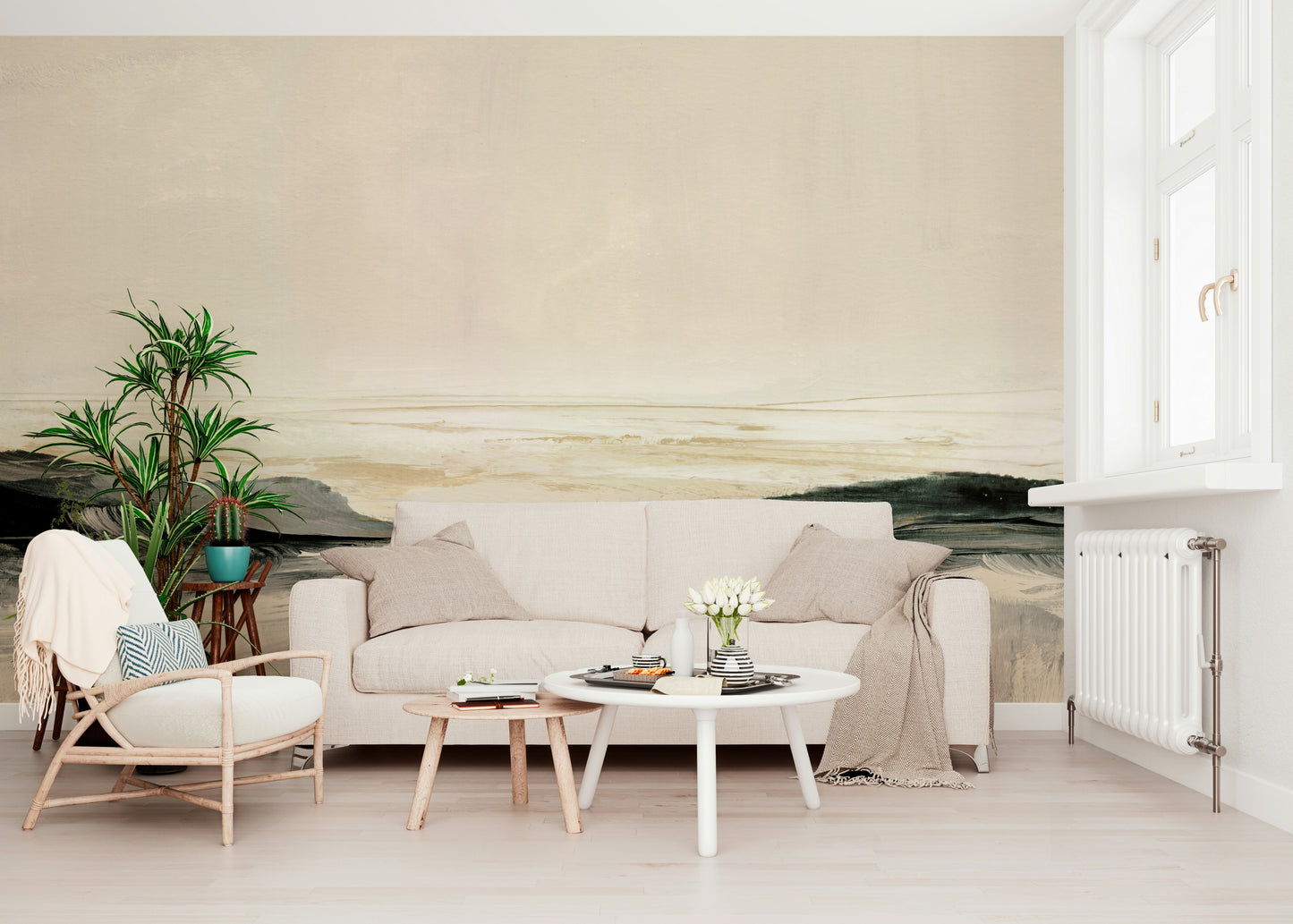 A serene beach landscape wall mural with clear blue water.