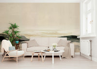 A serene beach landscape wall mural with clear blue water.