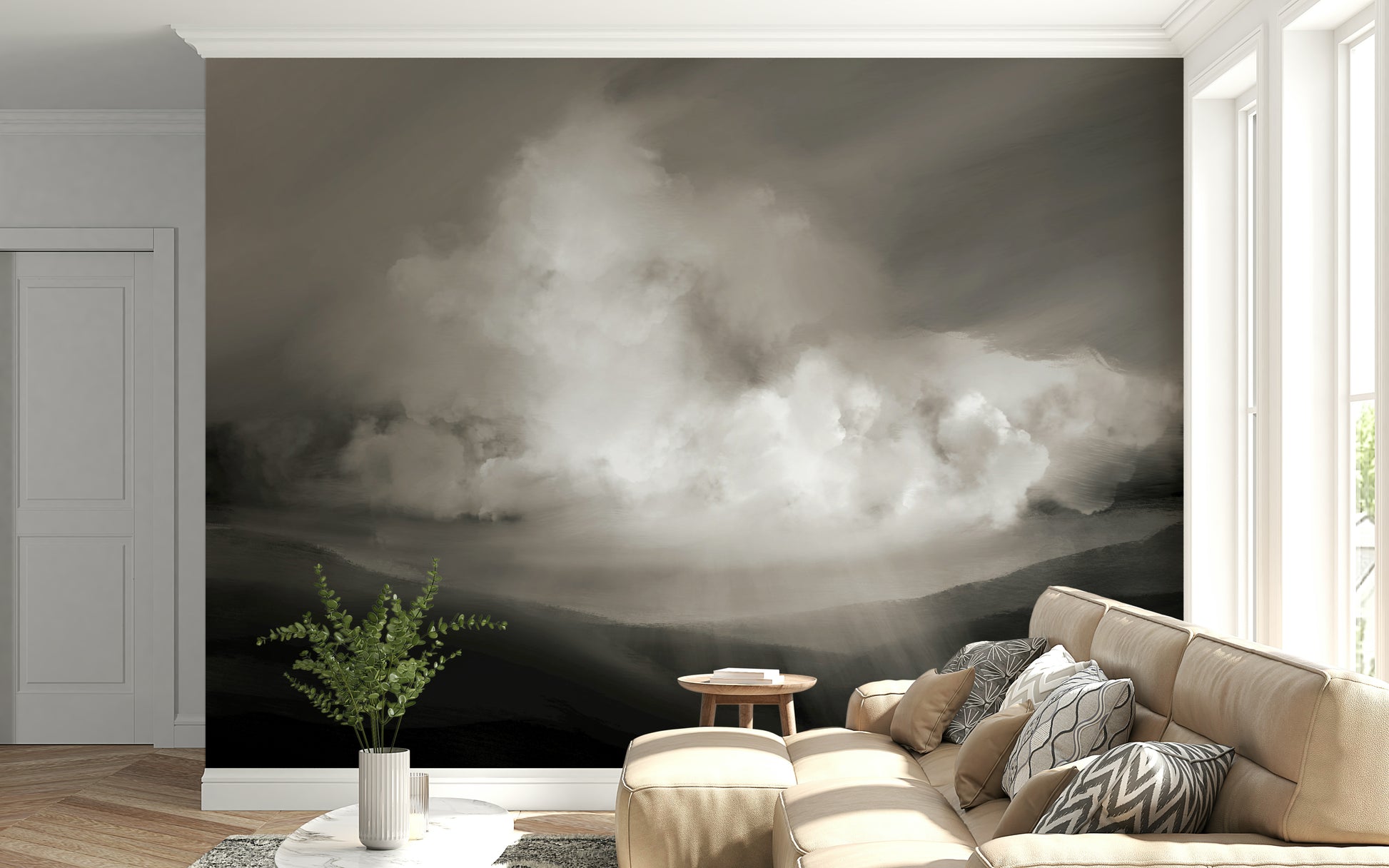 A graceful subtle cloud wall mural in soft, tranquil tones.