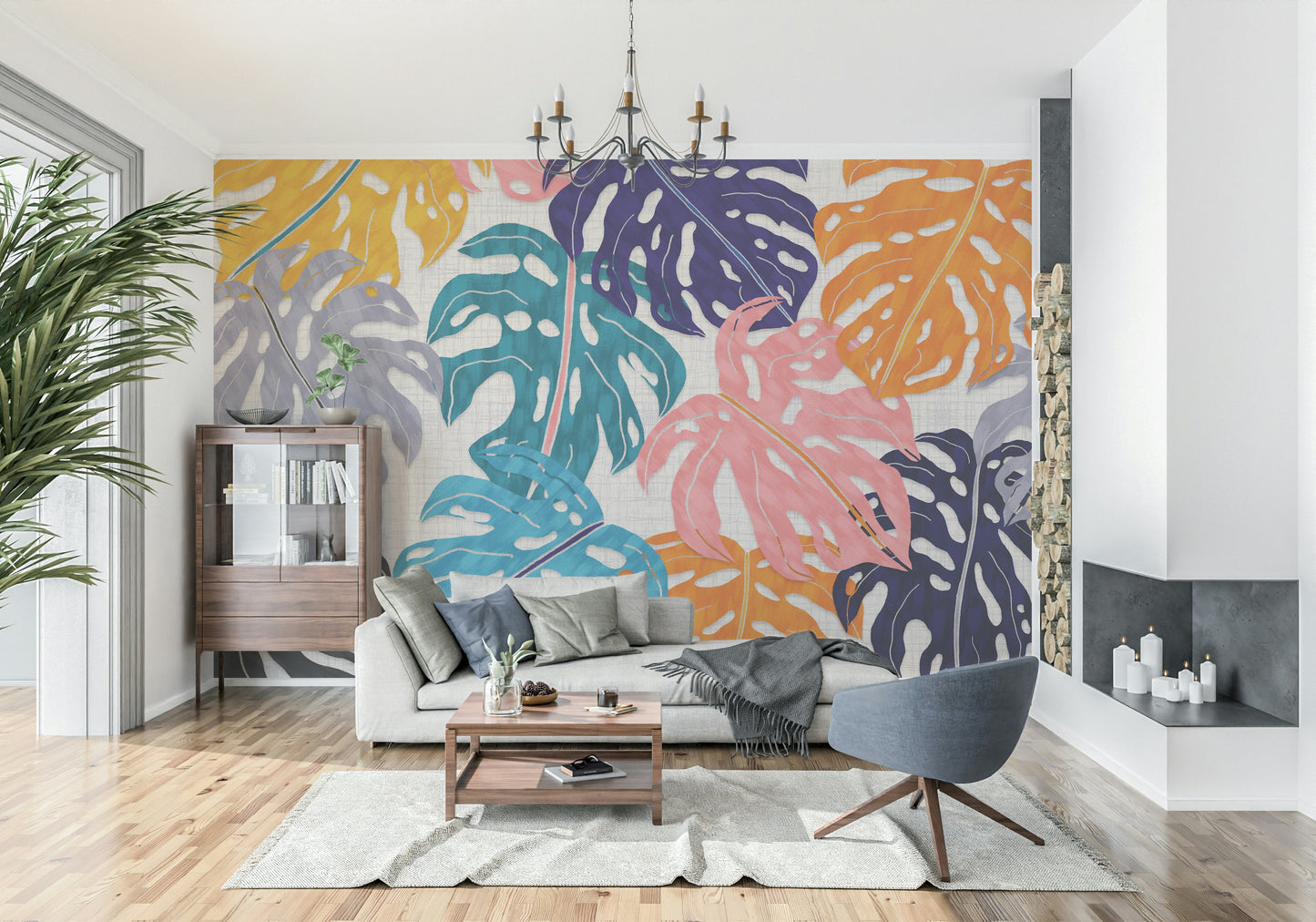 Colorful Bold Monstera Leaves Wall Mural