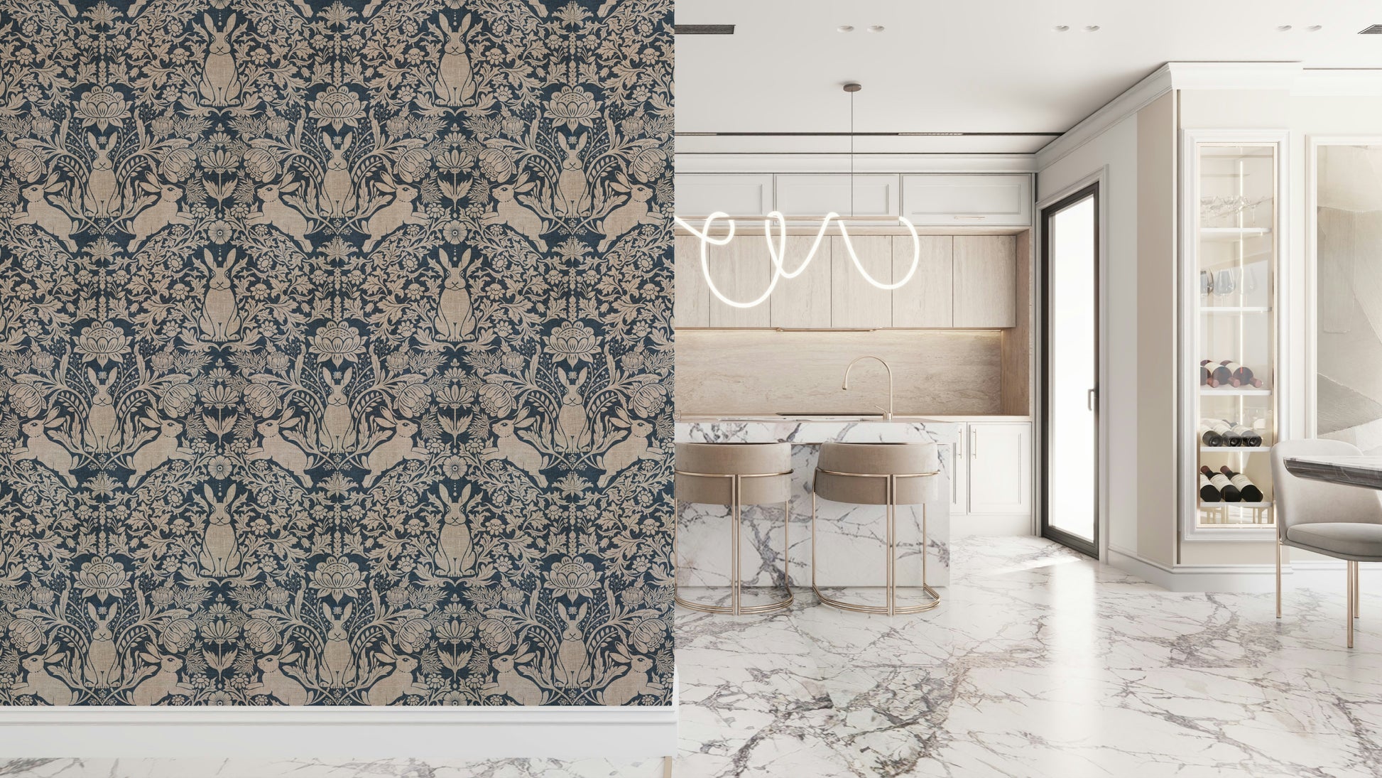 Whimsical rabbit wallpaper with vibrant greenery and meadow plants.