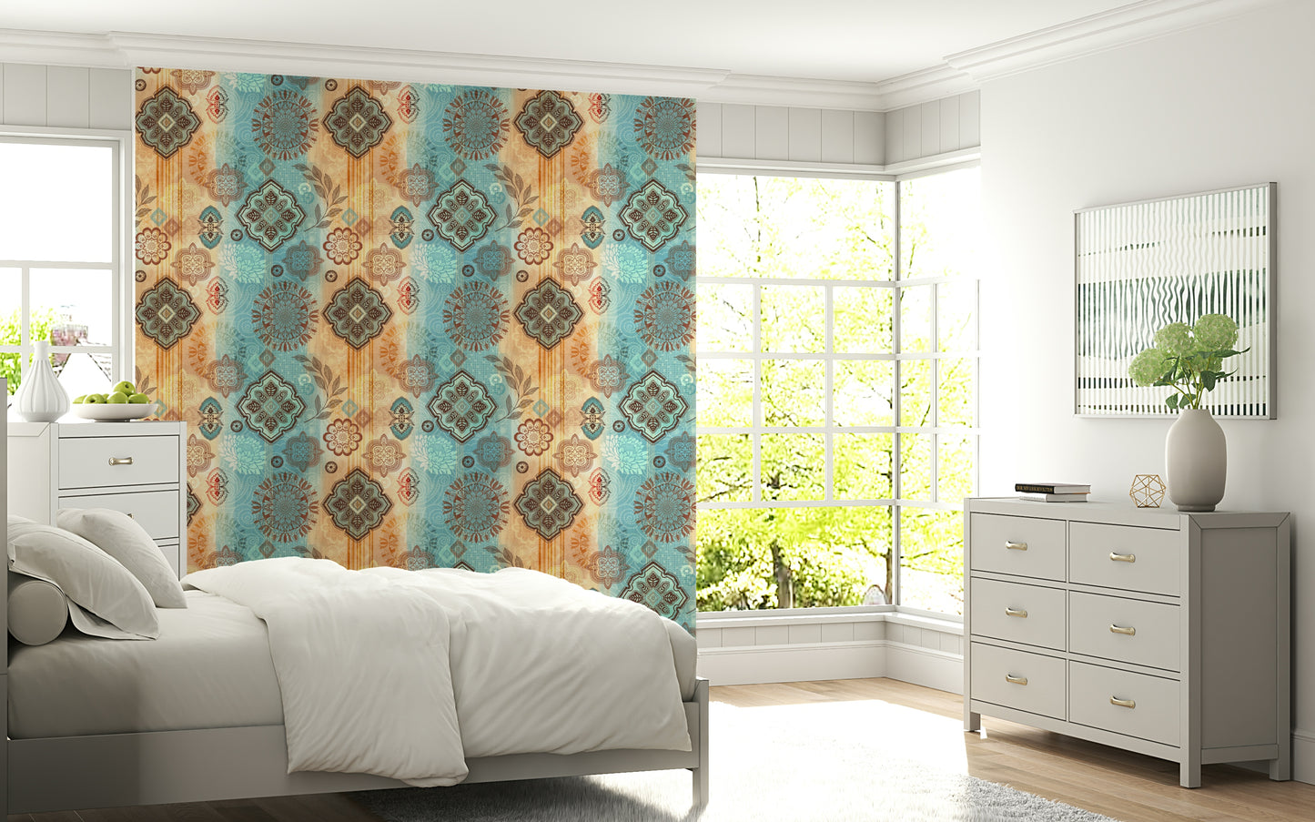 Earthy Boho Chic Wallpaper featuring warm tones, geometric patterns, and bohemian textures.