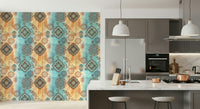 Bohemian-style wallpaper with abstract shapes, organic patterns, and natural earthy colors.